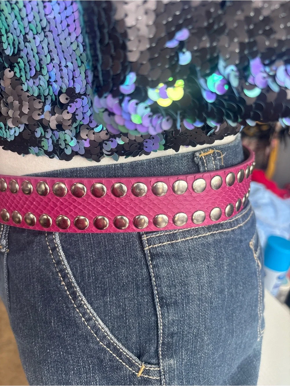 Vintage Y2K DKNY Pink Studded Leather Belt with Silver Buckle